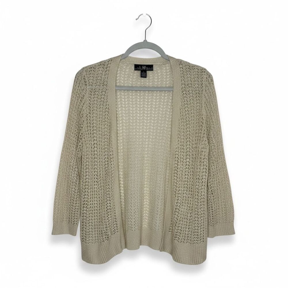 80 Park Cardigan Sweater Open Knit Open Front Beige Metallic Gold XL